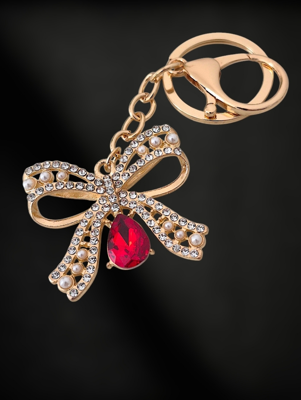 Gold Bow Bag Charm / Keychain Charm with Red Teardrop Gem